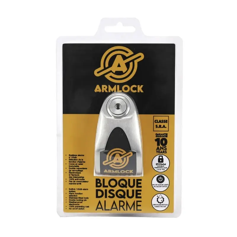 ANTIVOL BLOQUE DISQUE ARMLOCK CK9 INOX AVEC ALARME SONORE DIAM 10mm 120 Db (CLASSE SRA) (GARANTIE 10 ans) Auvray